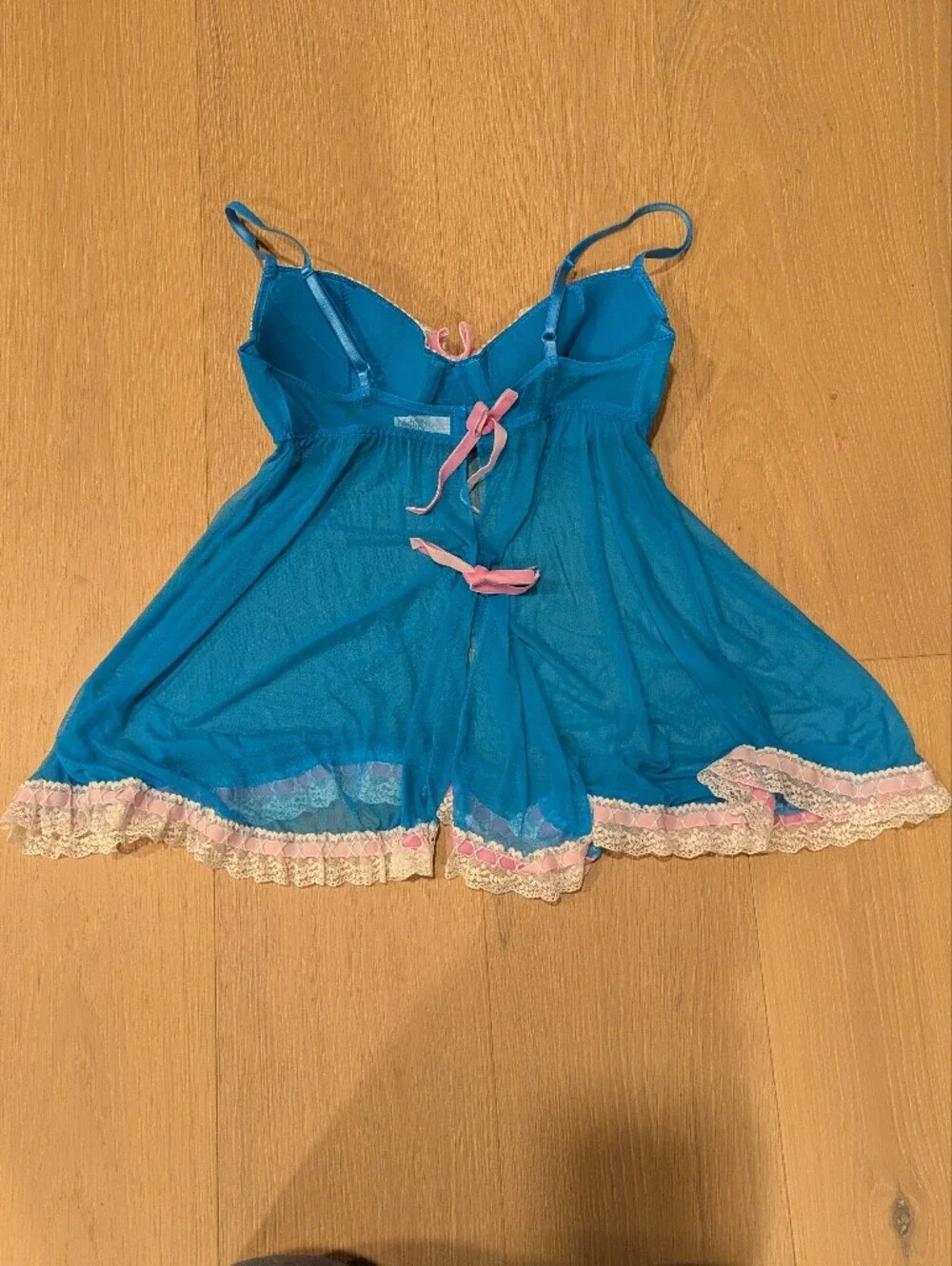 Jezebel Bright Blue Sheer Babydoll with Pink Ribbon Accent